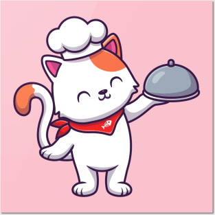 Cute Cat Chef Holding Cloche Posters and Art